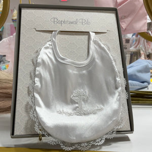 Satin Baptismal Bib With Embroidered Cross and Lace Trim