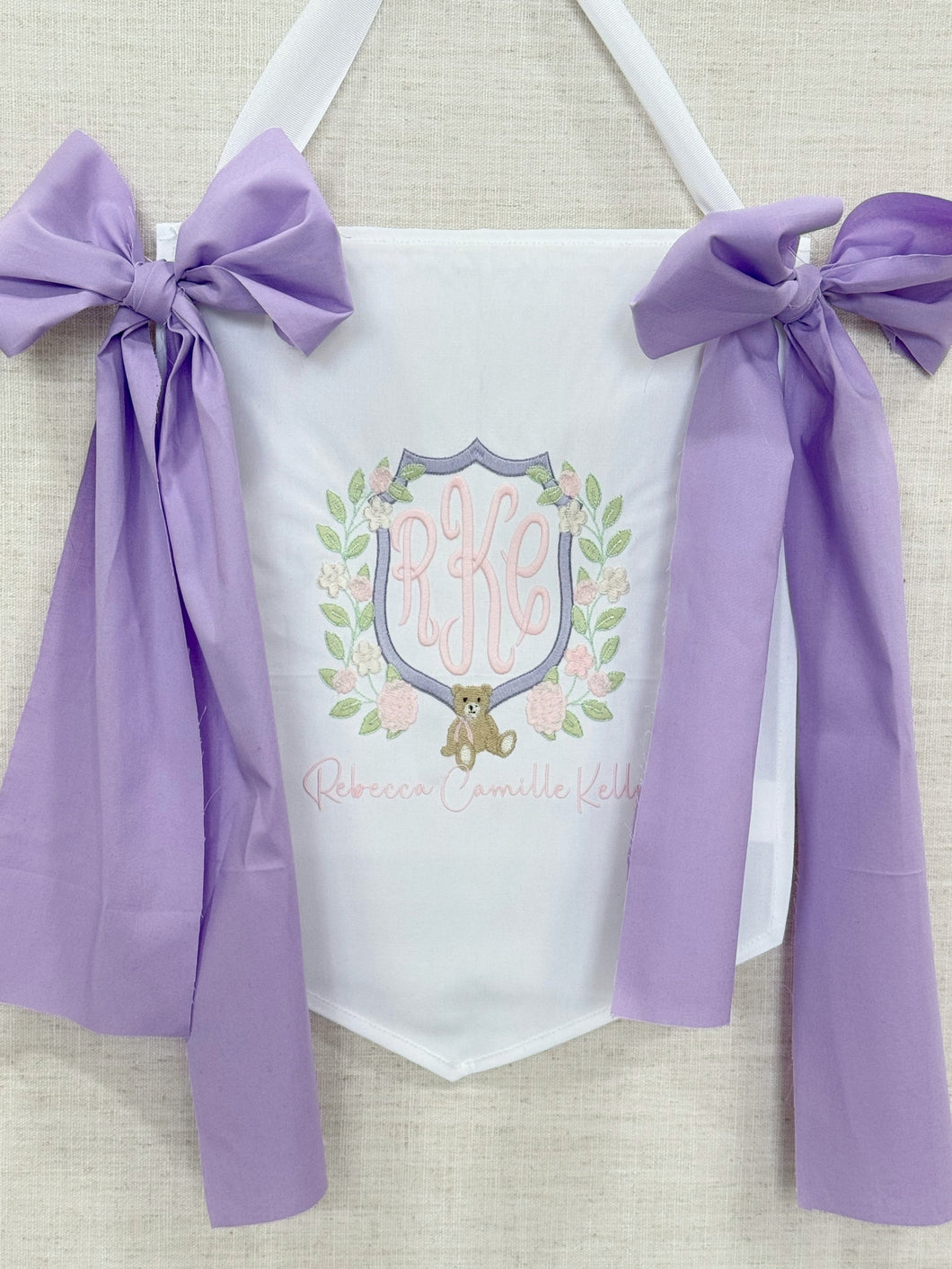 Embroidered Door Hanger with Fabric Bows