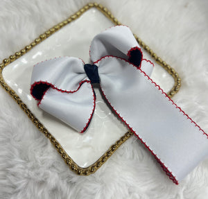 Large White/Navy Layered Bow with red moonstitching