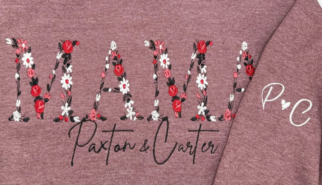 Mama Floral Sweatshirt with Sleeve Embroidery