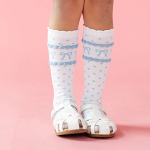 Blue Bow Scalloped Knee High Socks