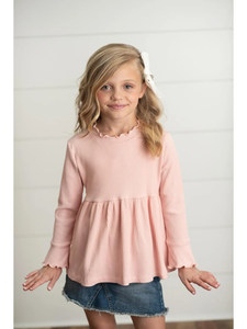 Blush Long Sleeve Lettuce Trim Ribbed Baby Doll Top