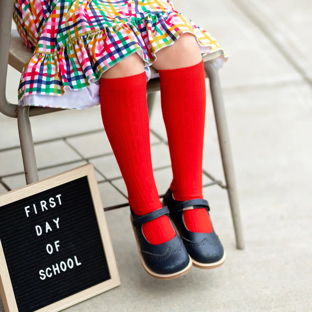 Apple Red Cable Knit Knee High Socks