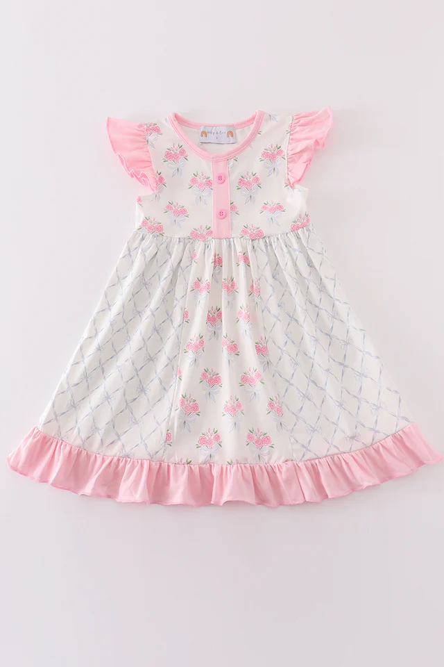 Ruffle Sleeve Bow & Flowers Dress