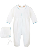 Load image into Gallery viewer, Luke- Knit Pearl Blue Cross Outfit and Bonnet
