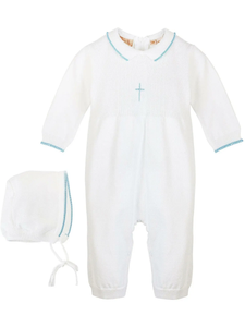 Luke- Knit Pearl Blue Cross Outfit and Bonnet