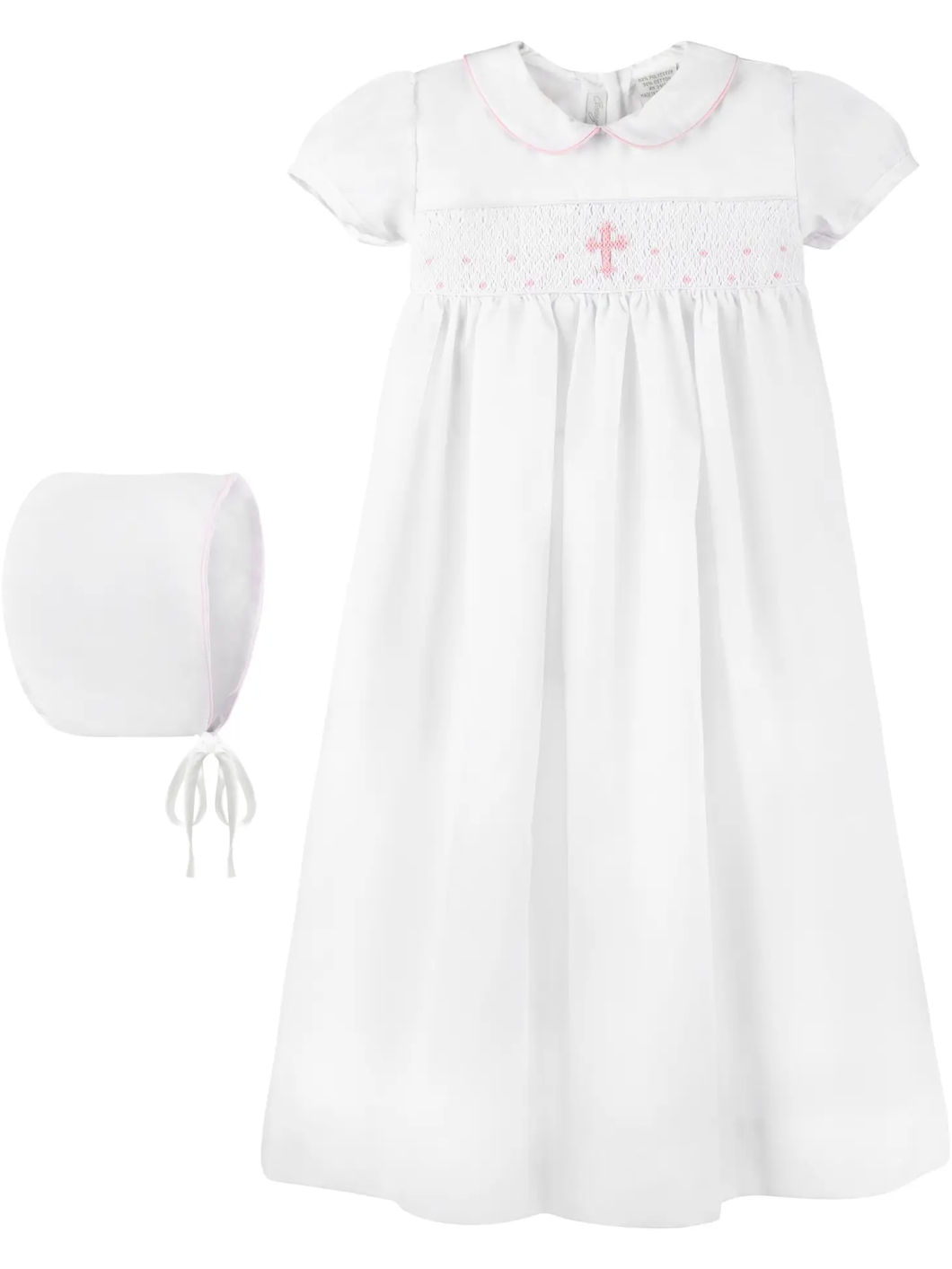 Baby Smocked Pink Cross Christening Gown + Bonnet